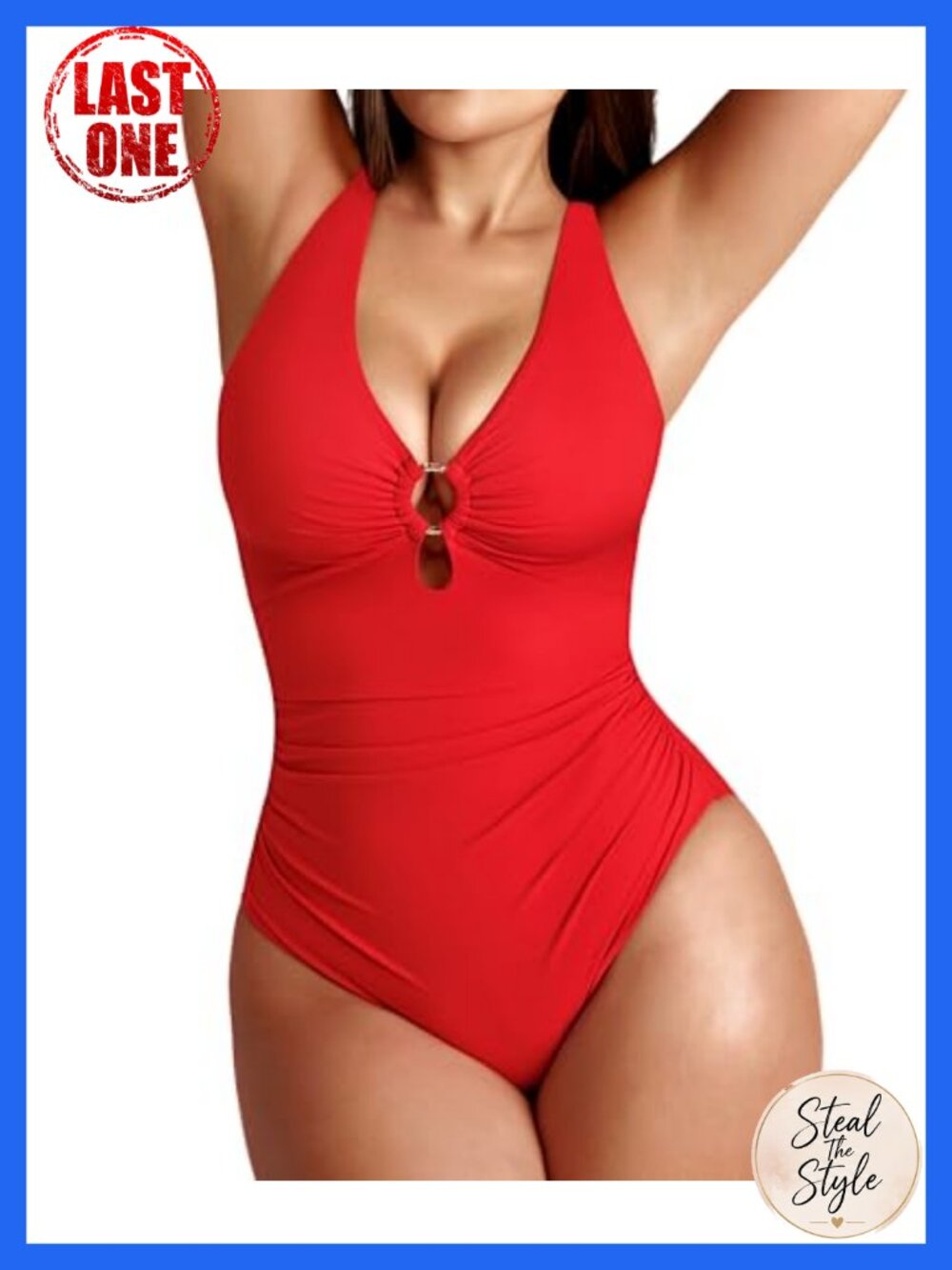 Tummy Control One Piece Swimsuit V-Neck with Metal Rings Adjustable Straps